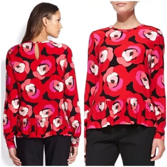 Kate Spade New York long sleeve Deco colorful red black rose Peplum top sz 2 - Picture 1 of 12